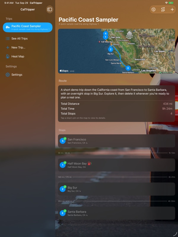 CalTripper on iPad, screenshot 1