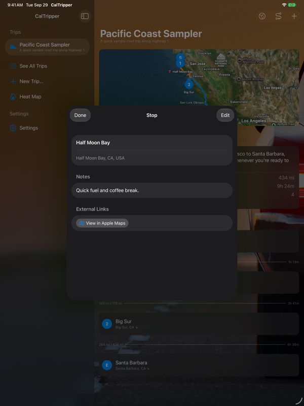 CalTripper on iPad, screenshot 3