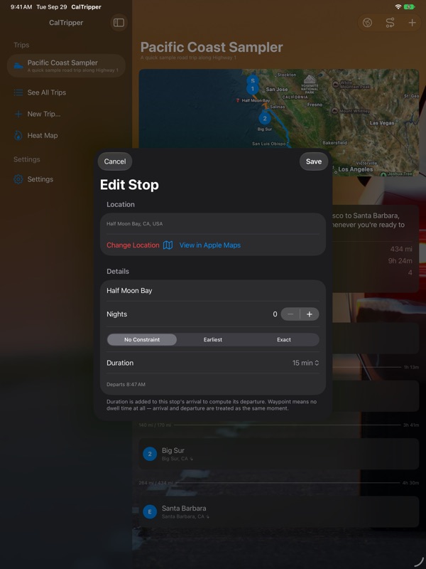 CalTripper on iPad, screenshot 4