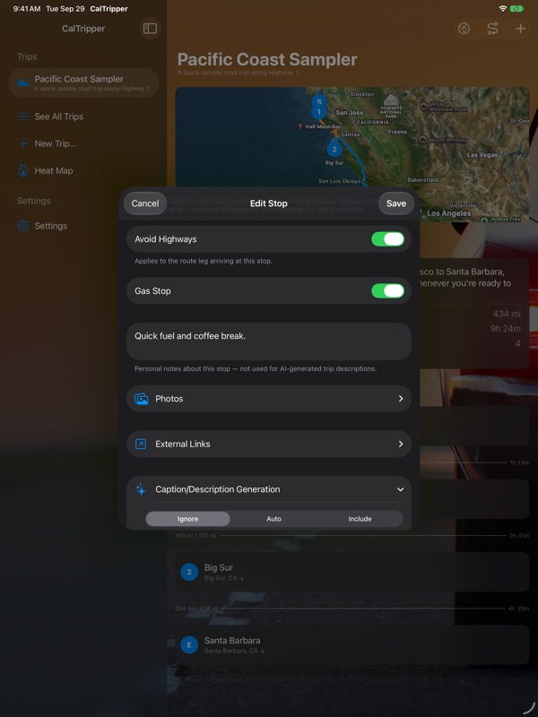 CalTripper on iPad, screenshot 5